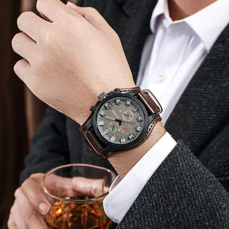 Original Herrenuhren High-End Luxus Mann Uhr Lederarmband Datum Business Quarzuhr Großes Zifferblatt militärische taktische Armbanduhr