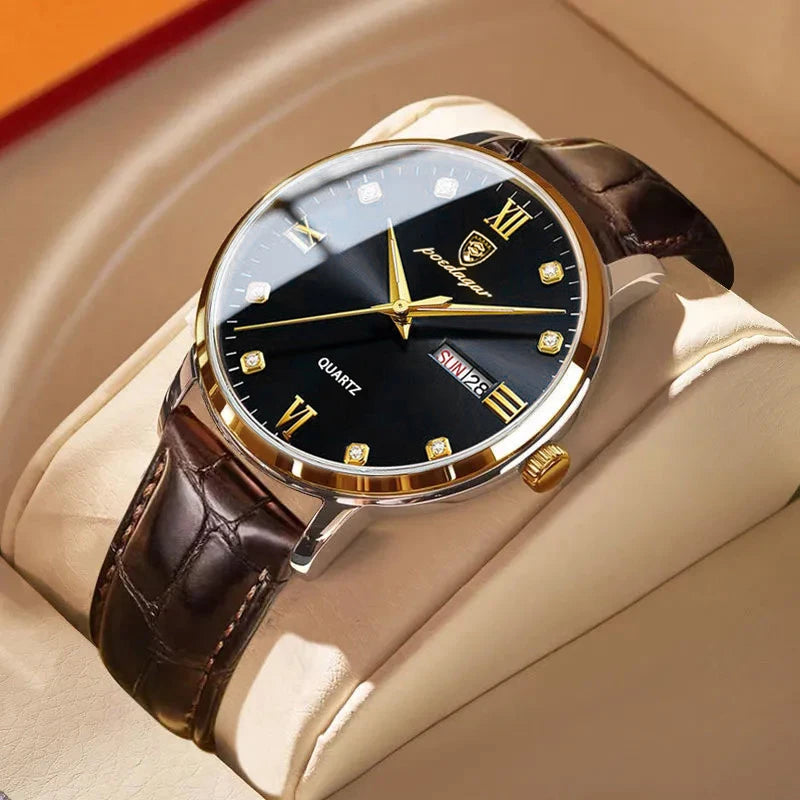 POEDAGAR Neueste Wasserdichte Herrenuhr Casual Lederarmband Leuchtende Luxusuhren Für Mann Datums-/Wochenanzeige Sportquarzuhren
