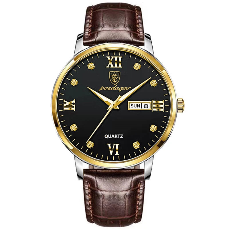 POEDAGAR Neueste Wasserdichte Herrenuhr Casual Lederarmband Leuchtende Luxusuhren Für Mann Datums-/Wochenanzeige Sportquarzuhren