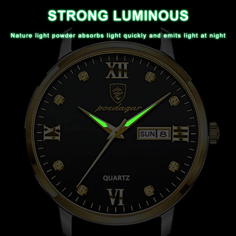 POEDAGAR Neueste Wasserdichte Herrenuhr Casual Lederarmband Leuchtende Luxusuhren Für Mann Datums-/Wochenanzeige Sportquarzuhren