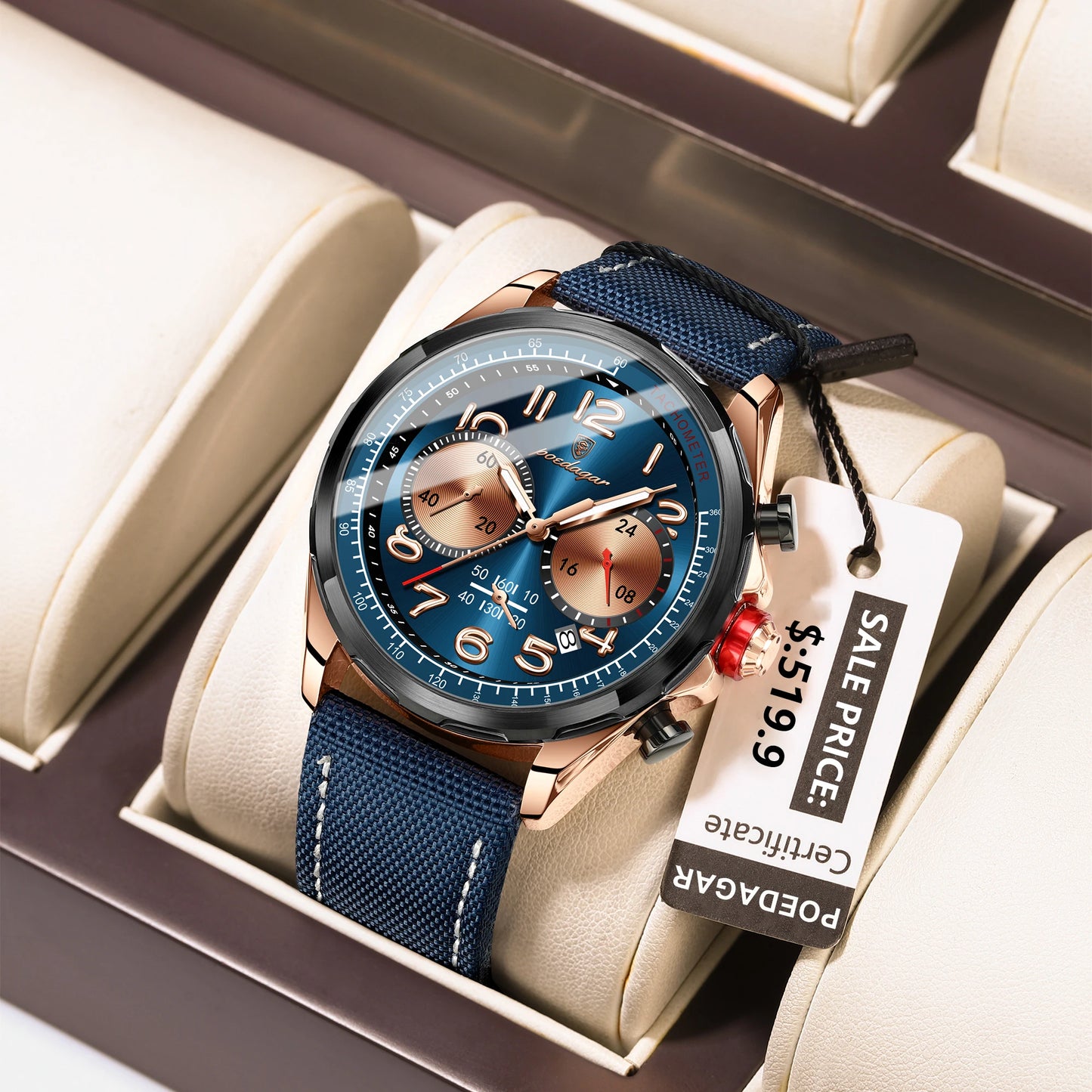 POEDAGAR Luxusuhr Herren Quarz Nylon Lederarmband Herren Armbanduhr Wasserdicht Leucht Chronograph Datum Herrenuhren Reloj + Box