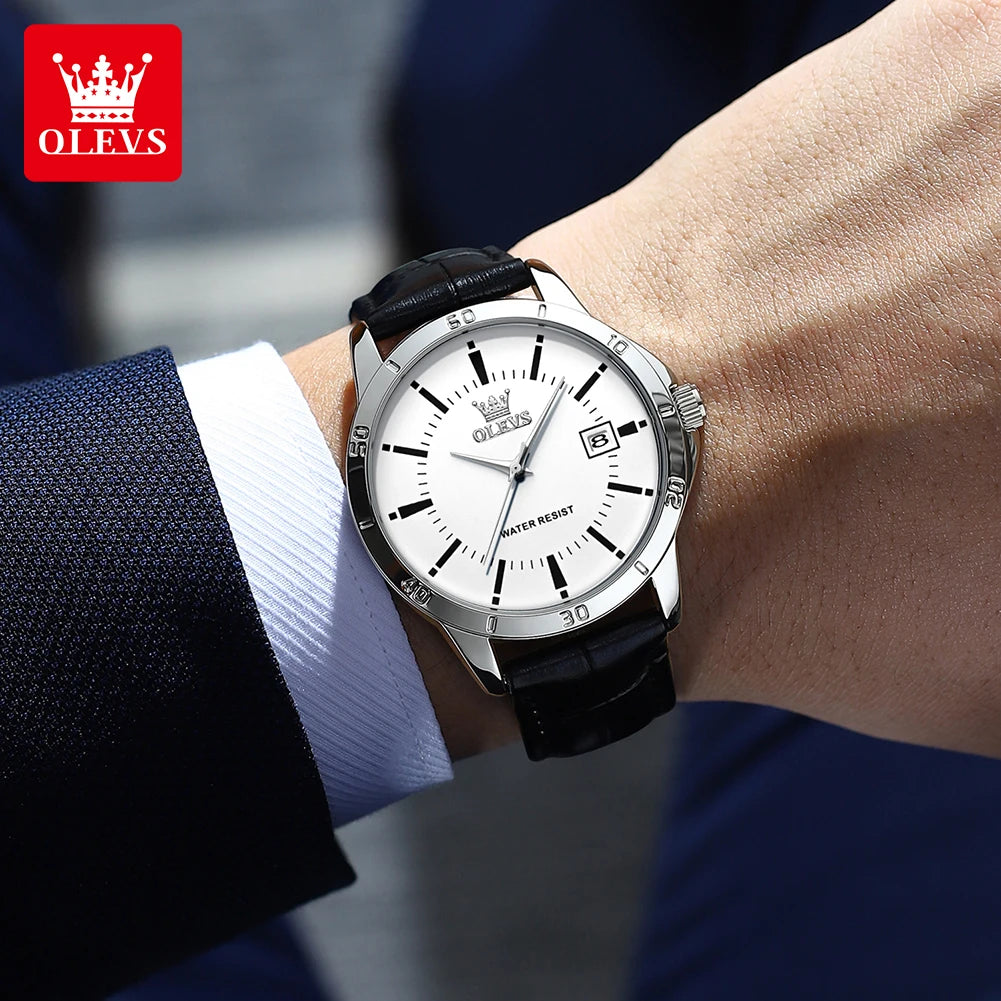 OLEVS Herrenuhr, modisch, Lederarmband, wasserdicht, Quarzuhr für Herren, schlichter Kalender, Herren-Armbanduhr, exklusiv, neu