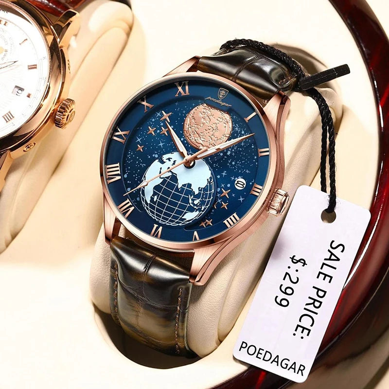 POEDAGAR Marke Leuchtende Uhr Männer Luxus Wasserdicht Ultradünne Kalender Männliche Quarz Armbanduhren Fashion Echtes Leder Uhren