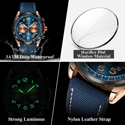 POEDAGAR Luxusuhr Herren Quarz Nylon Lederarmband Herren Armbanduhr Wasserdicht Leucht Chronograph Datum Herrenuhren Reloj + Box