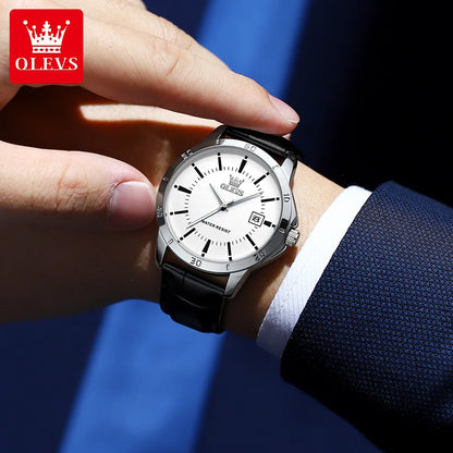 OLEVS Herrenuhr, modisch, Lederarmband, wasserdicht, Quarzuhr für Herren, schlichter Kalender, Herren-Armbanduhr, exklusiv, neu