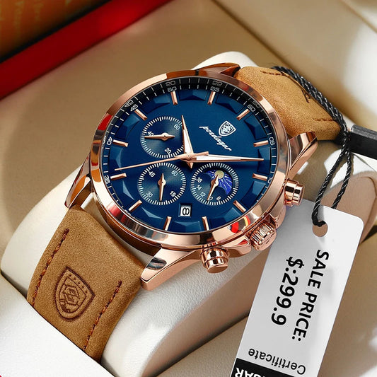POEDAGAR Herrenuhr aus echtem Leder, modisch, leuchtend, Kalender, Stoppuhr, männliche Uhr, wasserdicht, Mondphase, Quarz-Armbanduhr für Herren