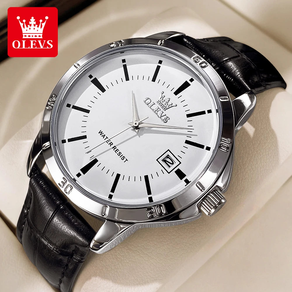 OLEVS Herrenuhr, modisch, Lederarmband, wasserdicht, Quarzuhr für Herren, schlichter Kalender, Herren-Armbanduhr, exklusiv, neu