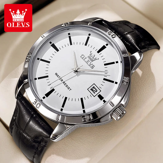 OLEVS Herrenuhr, modisch, Lederarmband, wasserdicht, Quarzuhr für Herren, schlichter Kalender, Herren-Armbanduhr, exklusiv, neu