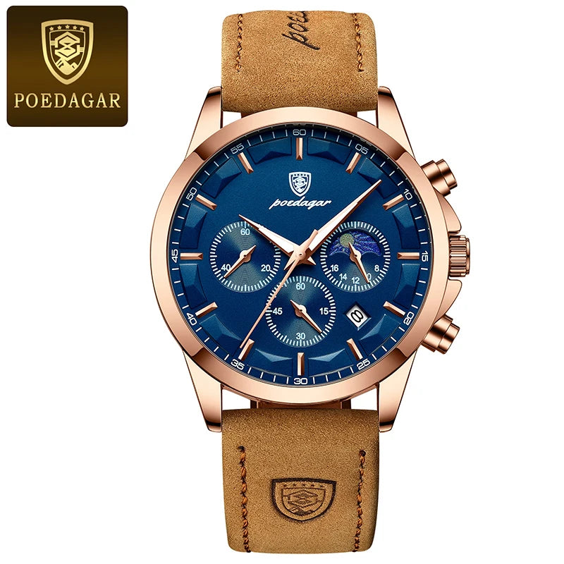 POEDAGAR Herrenuhr aus echtem Leder, modisch, leuchtend, Kalender, Stoppuhr, männliche Uhr, wasserdicht, Mondphase, Quarz-Armbanduhr für Herren
