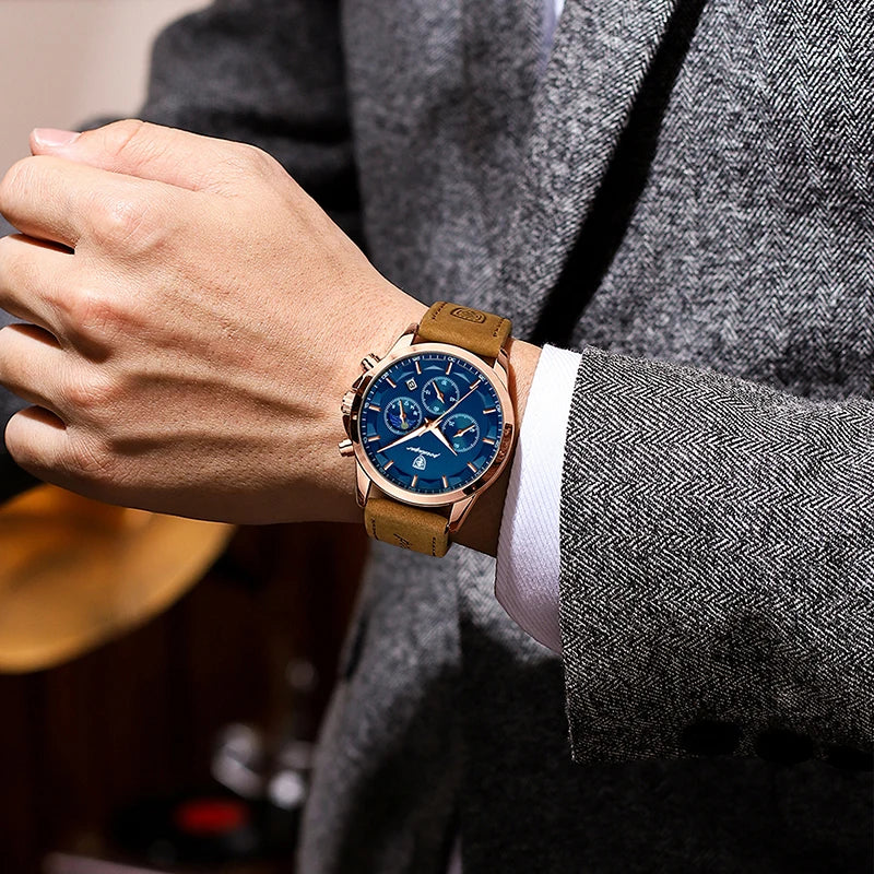 POEDAGAR Herrenuhr aus echtem Leder, modisch, leuchtend, Kalender, Stoppuhr, männliche Uhr, wasserdicht, Mondphase, Quarz-Armbanduhr für Herren
