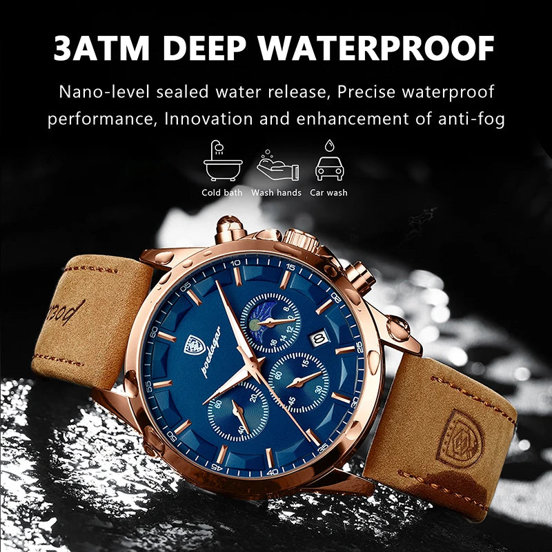 POEDAGAR Herrenuhr aus echtem Leder, modisch, leuchtend, Kalender, Stoppuhr, männliche Uhr, wasserdicht, Mondphase, Quarz-Armbanduhr für Herren