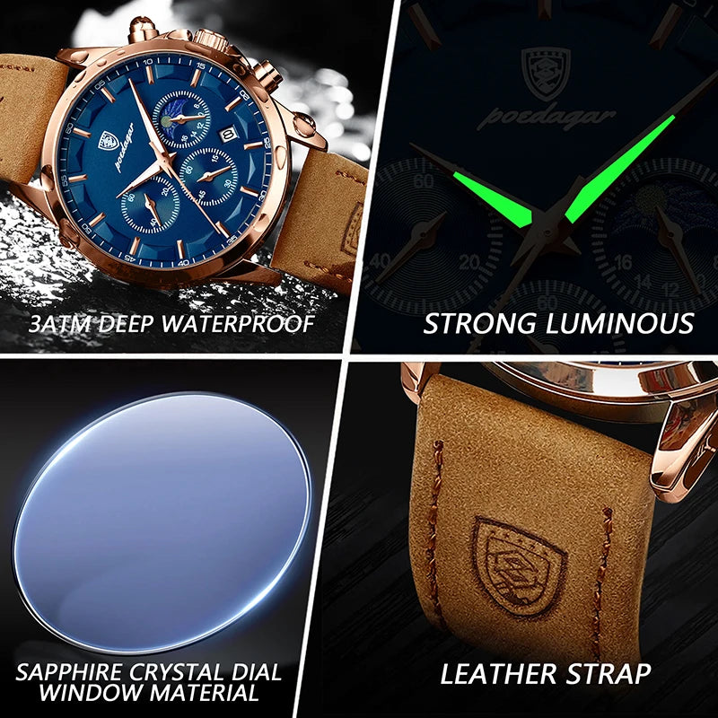 POEDAGAR Herrenuhr aus echtem Leder, modisch, leuchtend, Kalender, Stoppuhr, männliche Uhr, wasserdicht, Mondphase, Quarz-Armbanduhr für Herren