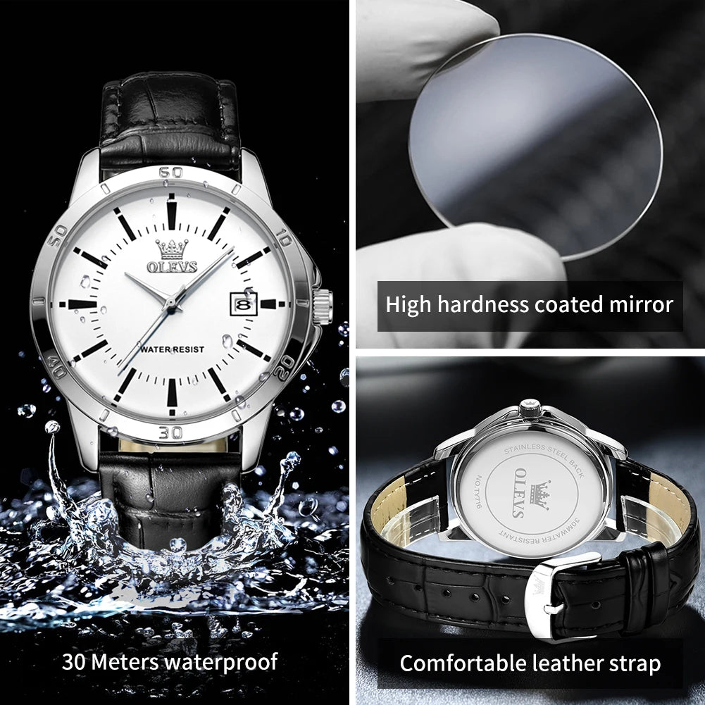 OLEVS Herrenuhr, modisch, Lederarmband, wasserdicht, Quarzuhr für Herren, schlichter Kalender, Herren-Armbanduhr, exklusiv, neu