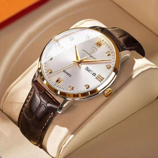 POEDAGAR Neueste Wasserdichte Herrenuhr Casual Lederarmband Leuchtende Luxusuhren Für Mann Datums-/Wochenanzeige Sportquarzuhren