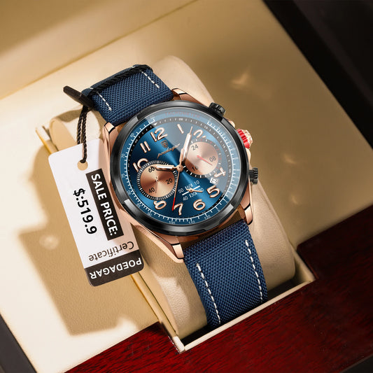 POEDAGAR Luxusuhr Herren Quarz Nylon Lederarmband Herren Armbanduhr Wasserdicht Leucht Chronograph Datum Herrenuhren Reloj + Box