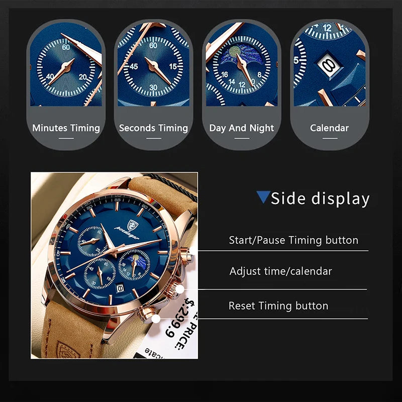 POEDAGAR Herrenuhr aus echtem Leder, modisch, leuchtend, Kalender, Stoppuhr, männliche Uhr, wasserdicht, Mondphase, Quarz-Armbanduhr für Herren